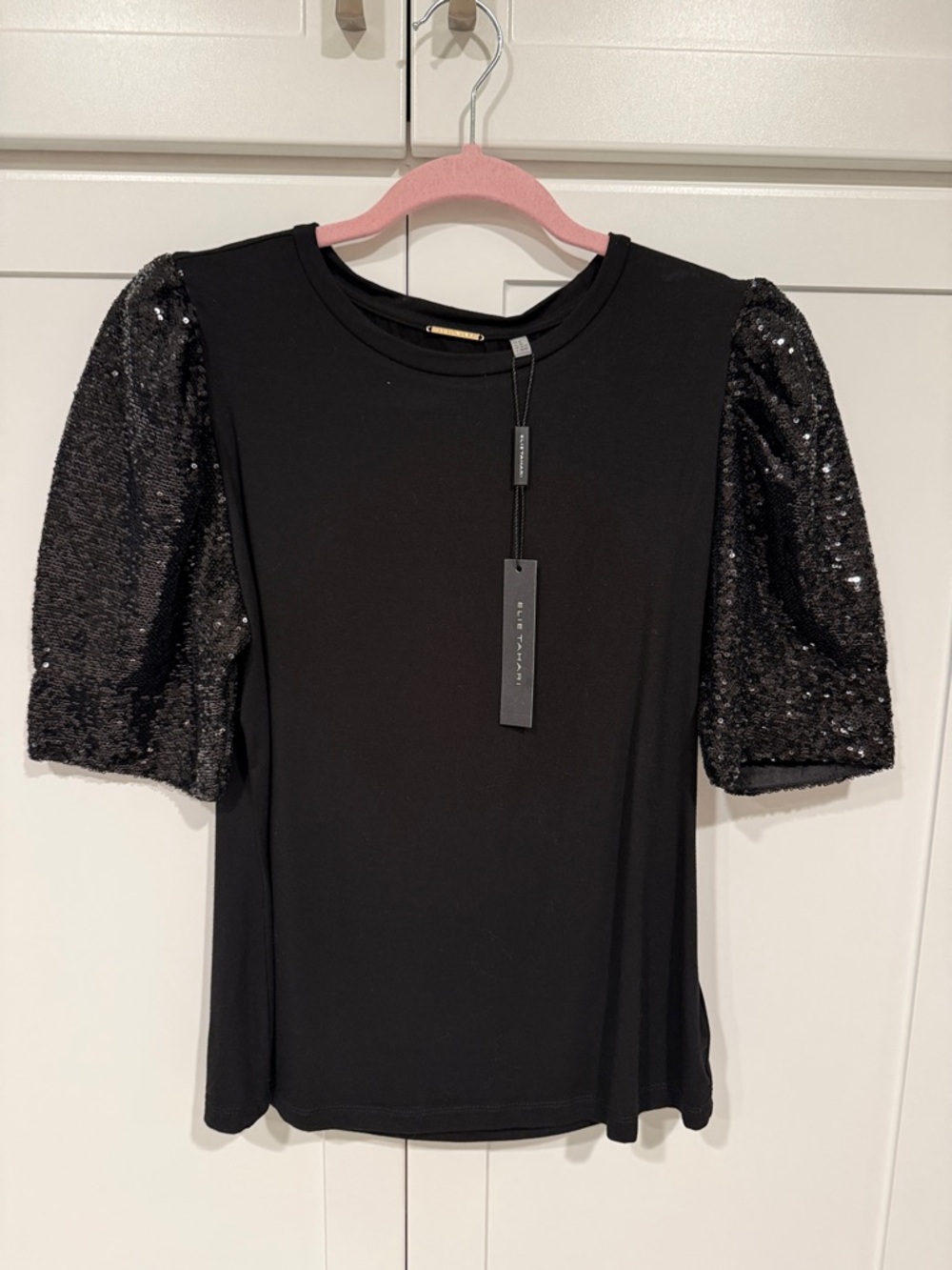 Elie Tahari Black Sequin Puff-Sleeve Tee